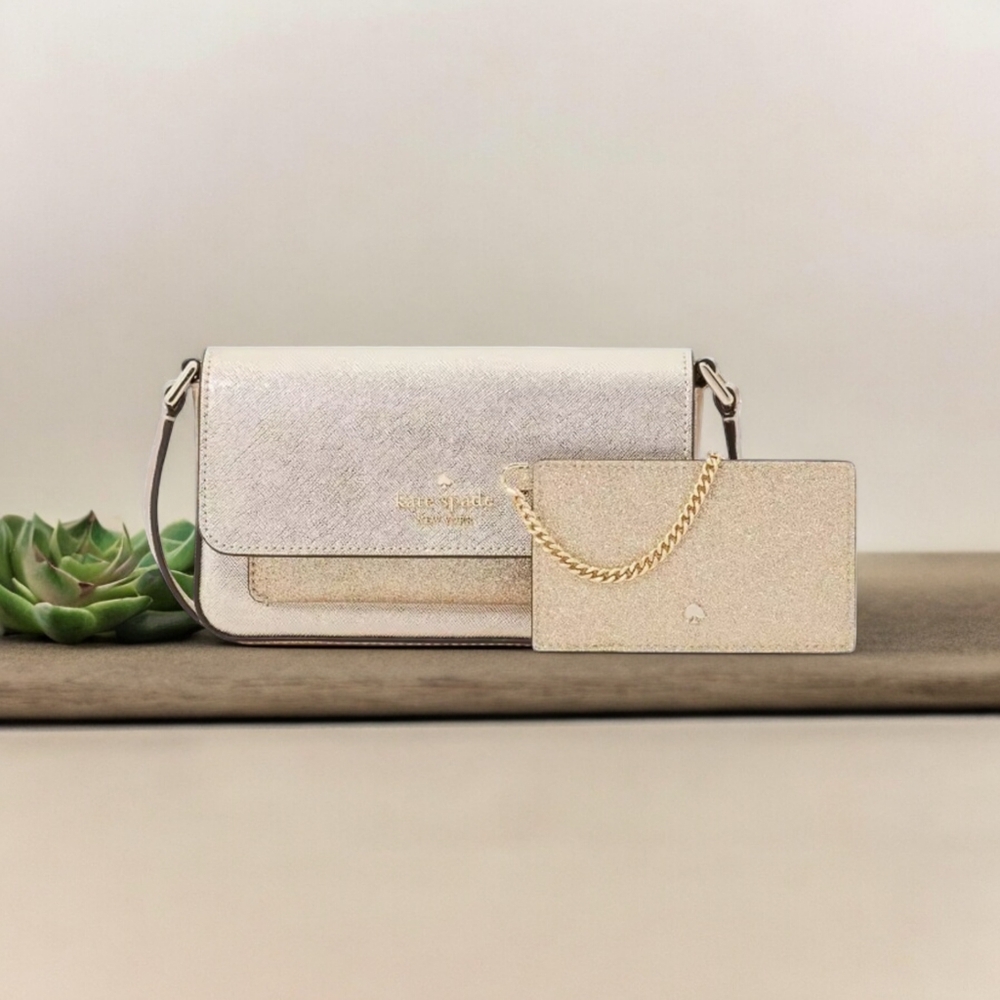 NWT - Kate Spade Authentic Glimmer Crossbody w/Cardholder Duo Set,  Gold Color